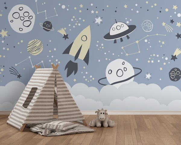 Carta da parati Una scena spaziale a cartoni animati con pianeti e stelle, Carta da parati per Bambini, Carta da parati popolare, u98814 - Tapeko.it