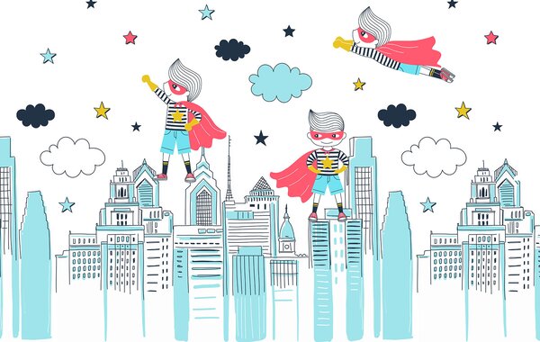Carta da parati Una vignetta di un supereroe su una città, Carta da parati per Bambini, Carta da parati popolare, u98819 - Tapeko.it