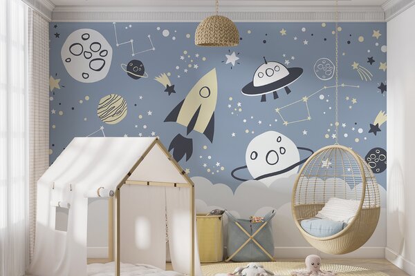 Carta da parati Una scena spaziale a cartoni animati con pianeti e stelle, Carta da parati per Bambini, Carta da parati popolare, u98814 - Tapeko.it