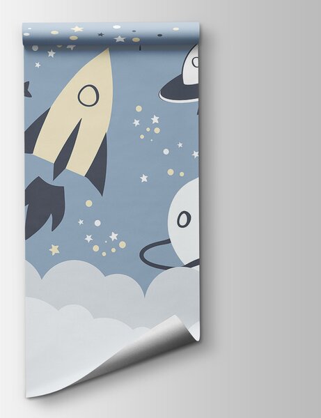 Carta da parati Una scena spaziale a cartoni animati con pianeti e stelle, Carta da parati per Bambini, Carta da parati popolare, u98814 - Tapeko.it