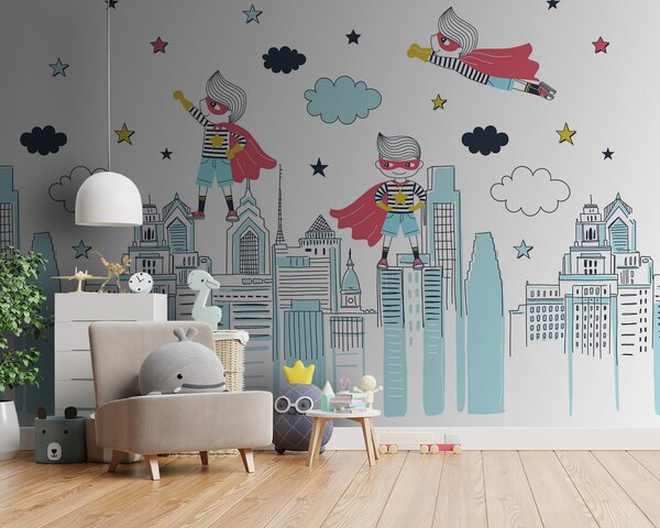 Carta da parati Una vignetta di un supereroe su una città, Carta da parati per Bambini, Carta da parati popolare, u98819 - Tapeko.it