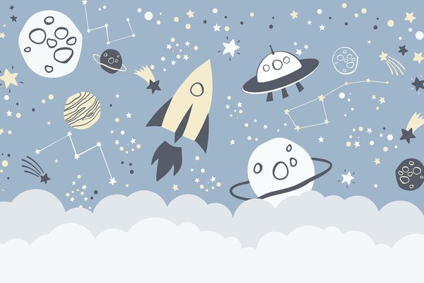 Carta da parati Una scena spaziale a cartoni animati con pianeti e stelle, Carta da parati per Bambini, Carta da parati popolare, u98814 - Tapeko.it
