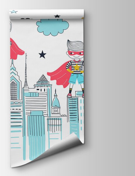 Carta da parati Una vignetta di un supereroe su una città, Carta da parati per Bambini, Carta da parati popolare, u98819 - Tapeko.it