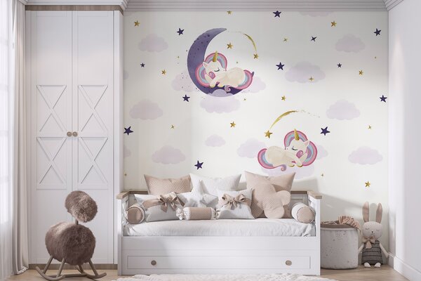 Carta da parati Un unicorno che dorme sulla luna, Carta da parati per Bambini, Carta da parati popolare, u98823 - Tapeko.it