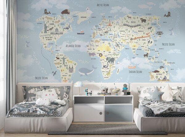 Carta da parati Una mappa del mondo con gli animali, Carta da parati per Bambini, Carta da parati popolare, u96587 - Tapeko.it