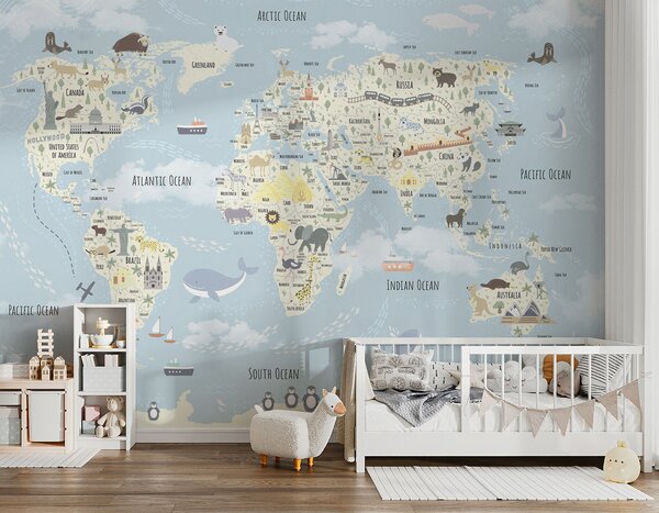 Carta da parati Una mappa del mondo con gli animali, Carta da parati per Bambini, Carta da parati popolare, u96587 - Tapeko.it