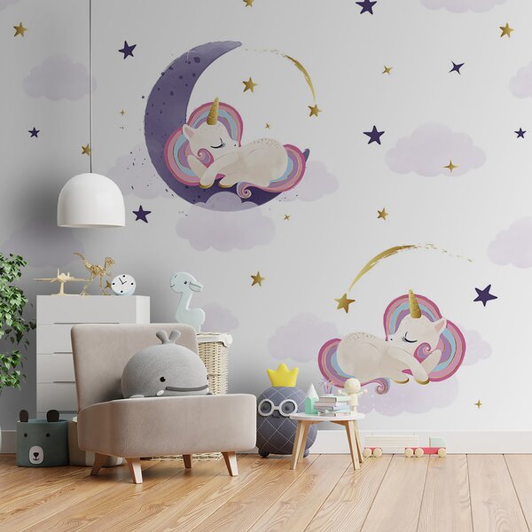 Carta da parati Un unicorno che dorme sulla luna, Carta da parati per Bambini, Carta da parati popolare, u98823 - Tapeko.it