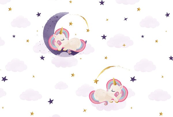 Carta da parati Un unicorno che dorme sulla luna, Carta da parati per Bambini, Carta da parati popolare, u98823 - Tapeko.it