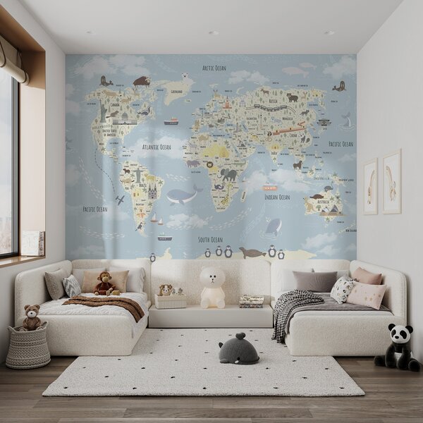 Carta da parati Una mappa del mondo con gli animali, Carta da parati per Bambini, Carta da parati popolare, u96587 - Tapeko.it