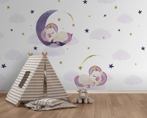 Carta da parati Un unicorno che dorme sulla luna, Carta da parati per Bambini, Carta da parati popolare, u98823 - Tapeko.it