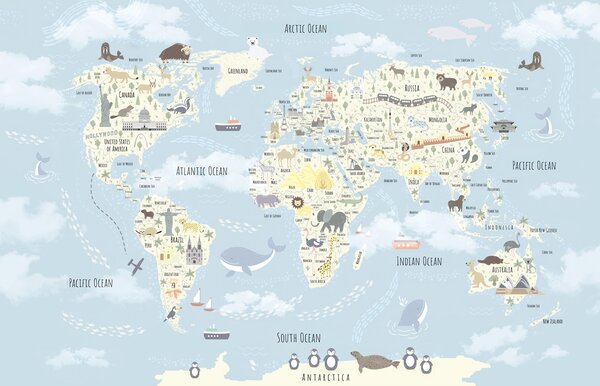 Carta da parati Una mappa del mondo con gli animali, Carta da parati per Bambini, Carta da parati popolare, u96587 - Tapeko.it
