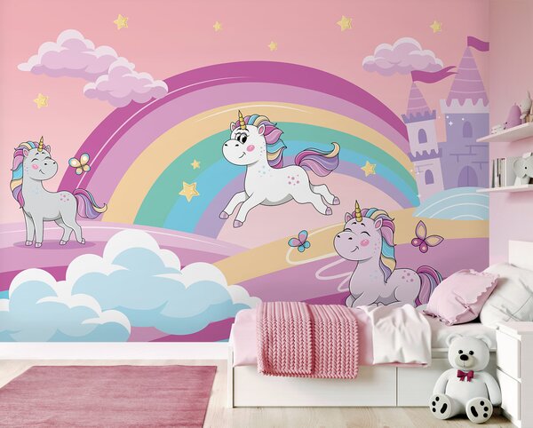 Carta da parati Un cartone animato di unicorni e un arcobaleno, Carta da parati per Bambini, Carta da parati popolare, u98583 - Tapeko.it