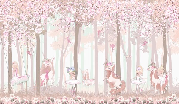 Carta da parati Una carta da parati con un gruppo di unicorni e fatine, Carta da parati per Bambini, Carta da parati popolare, u98694 - Tapeko.it