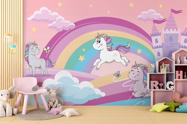 Carta da parati Un cartone animato di unicorni e un arcobaleno, Carta da parati per Bambini, Carta da parati popolare, u98583 - Tapeko.it