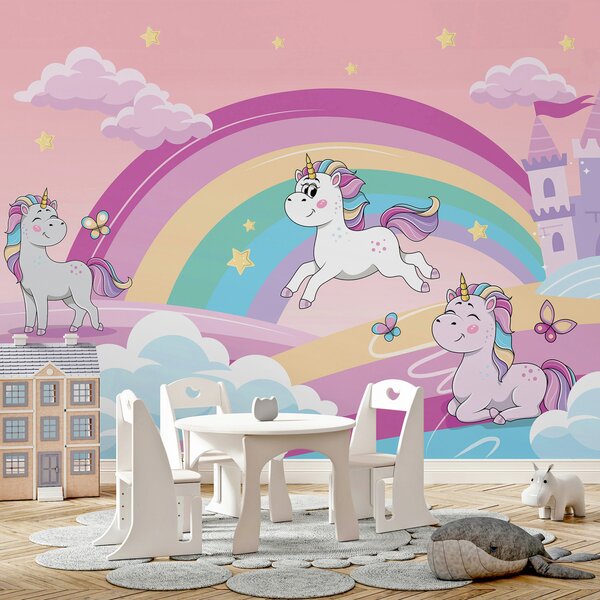 Carta da parati Un cartone animato di unicorni e un arcobaleno, Carta da parati per Bambini, Carta da parati popolare, u98583 - Tapeko.it