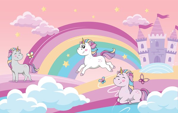 Carta da parati Un cartone animato di unicorni e un arcobaleno, Carta da parati per Bambini, Carta da parati popolare, u98583 - Tapeko.it