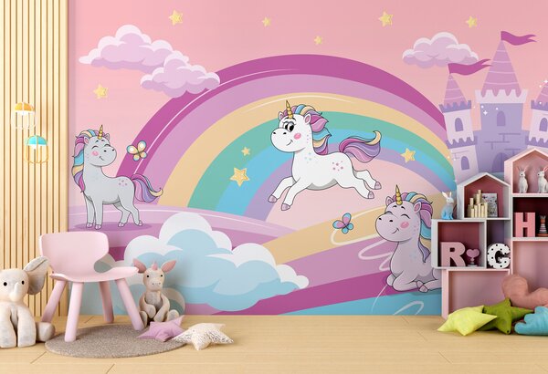 Carta da parati Un cartone animato di unicorni e un arcobaleno, Carta da parati per Bambini, Carta da parati popolare, u98583 - Tapeko.it