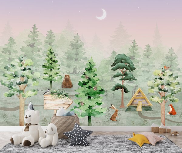 Carta da parati Un gruppo di animali in una foresta, Carta da parati per Bambini, Carta da parati popolare, u98990 - Tapeko.it