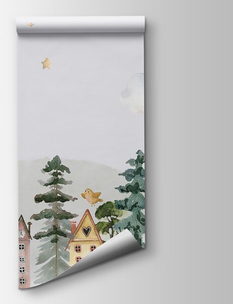 Carta da parati Un acquerello di case e alberi, Carta da parati per Bambini, Carta da parati popolare, u98989 - Tapeko.it