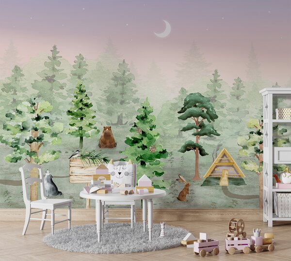 Carta da parati Un gruppo di animali in una foresta, Carta da parati per Bambini, Carta da parati popolare, u98990 - Tapeko.it