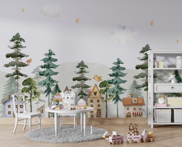Carta da parati Un acquerello di case e alberi, Carta da parati per Bambini, Carta da parati popolare, u98989 - Tapeko.it