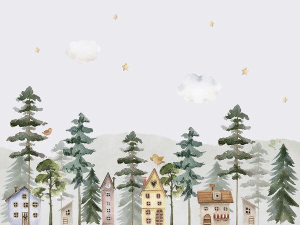 Carta da parati Un acquerello di case e alberi, Carta da parati per Bambini, Carta da parati popolare, u98989 - Tapeko.it