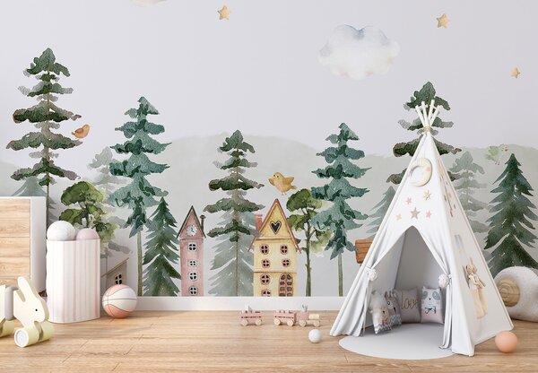 Carta da parati Un acquerello di case e alberi, Carta da parati per Bambini, Carta da parati popolare, u98989 - Tapeko.it