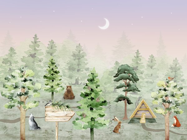 Carta da parati Un gruppo di animali in una foresta, Carta da parati per Bambini, Carta da parati popolare, u98990 - Tapeko.it