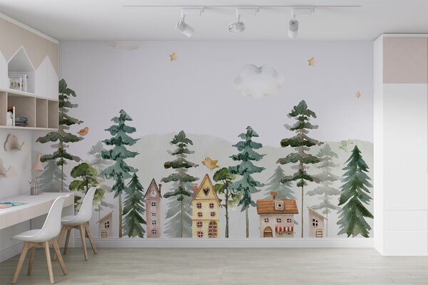 Carta da parati Un acquerello di case e alberi, Carta da parati per Bambini, Carta da parati popolare, u98989 - Tapeko.it