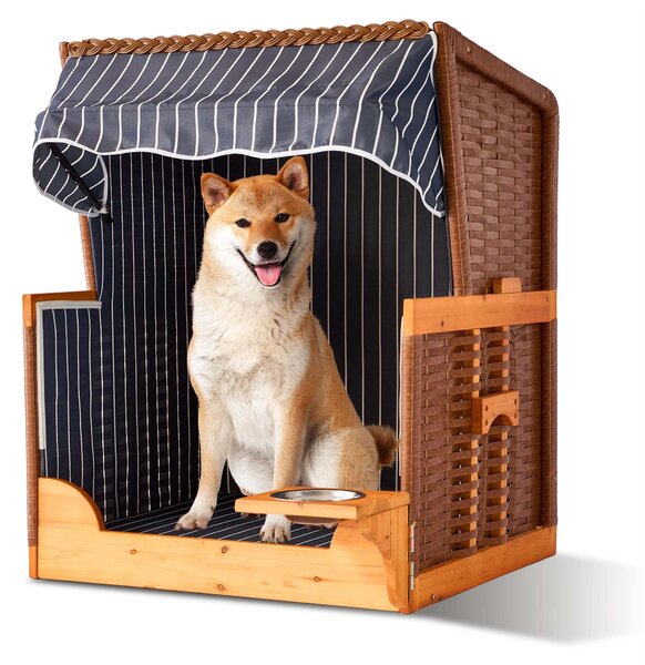 Relaxdays Cestino da spiaggia per cani, rattan, con ciotola, poltroncina per cani con tettuccio, LxPxA: 95x75x65 cm, giardino e terrazza, legno, blu scuro