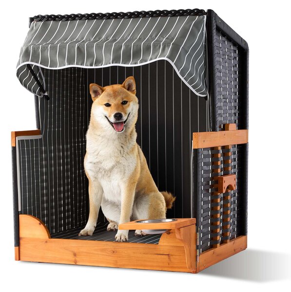 Relaxdays Cestino da spiaggia per cani, rattan, con ciotola, poltroncina per cani con tettuccio, LxPxA: 95x75x65 cm, per giardino e terrazza, legno, grigio