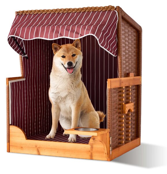 Relaxdays Cestino da spiaggia per cani, rattan, con ciotola, poltroncina per cani con tettuccio, LxPxA: 95x75x65 cm, giardino e terrazza, legno, rosso scuro