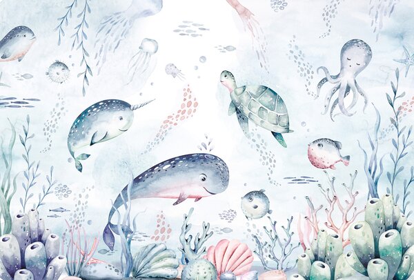 Carta da parati Un acquerello di creature marine, Carta da parati per Bambini, Carta da parati popolare, u98847 - Tapeko.it