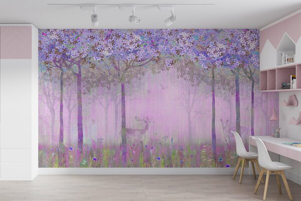 Carta da parati Un dipinto di una foresta con fiori, Carta da parati per Bambini, Carta da parati popolare, u62100v2 - Tapeko.it