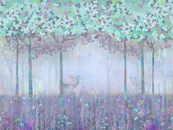 Carta da parati Un dipinto di una foresta con alberi e fiori, Carta da parati per Bambini, Carta da parati popolare, u62100v1 - Tapeko.it