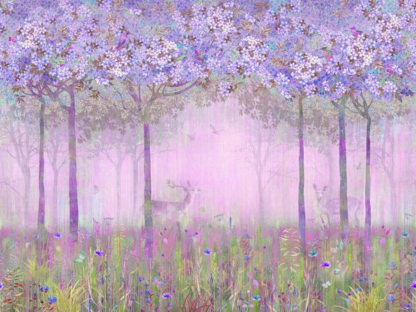 Carta da parati Un dipinto di una foresta con fiori, Carta da parati per Bambini, Carta da parati popolare, u62100v2 - Tapeko.it