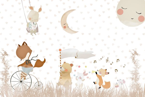 Carta da parati Una carta da parati con animali e luna, Carta da parati per Bambini, Carta da parati popolare, u99000 - Tapeko.it