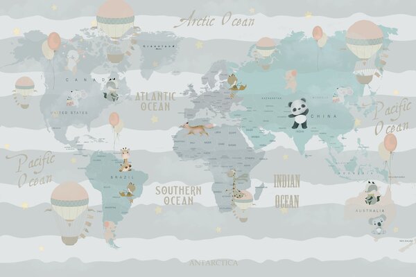 Carta da parati Una mappa del mondo con animali e palloncini, Carta da parati per Bambini, Carta da parati popolare, u99227 - Tapeko.it