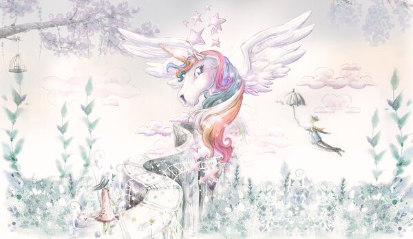 Carta da parati Un unicorno con le ali e una persona che vola, Carta da parati per Bambini, Carta da parati popolare, u99213 - Tapeko.it