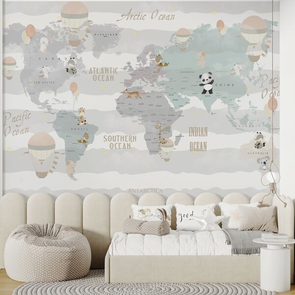 Carta da parati Una mappa del mondo con animali e palloncini, Carta da parati per Bambini, Carta da parati popolare, u99227 - Tapeko.it