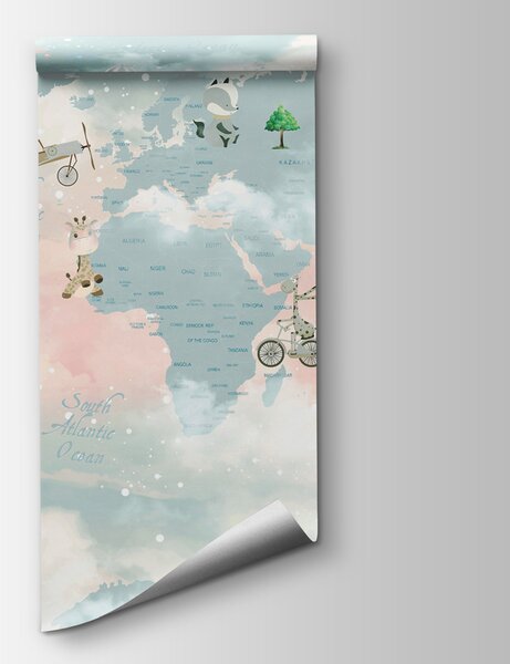 Carta da parati Una mappa del mondo con nuvole e animali, Carta da parati per Bambini, Carta da parati popolare, u99226 - Tapeko.it