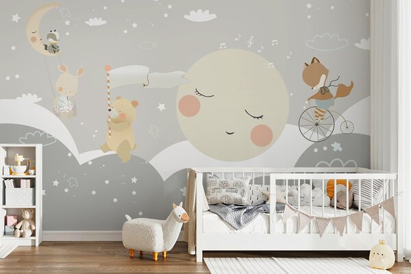 Carta da parati Un cartone animato con una luna e un orso, Carta da parati per Bambini, Carta da parati popolare, u97462 - Tapeko.it