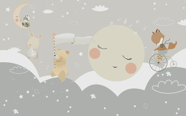Carta da parati Un cartone animato con una luna e un orso, Carta da parati per Bambini, Carta da parati popolare, u97462 - Tapeko.it