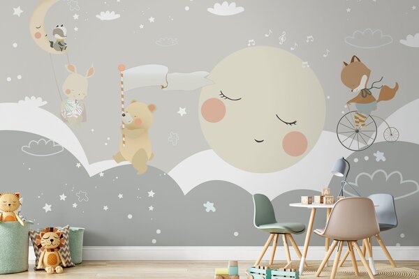 Carta da parati Un cartone animato con una luna e un orso, Carta da parati per Bambini, Carta da parati popolare, u97462 - Tapeko.it