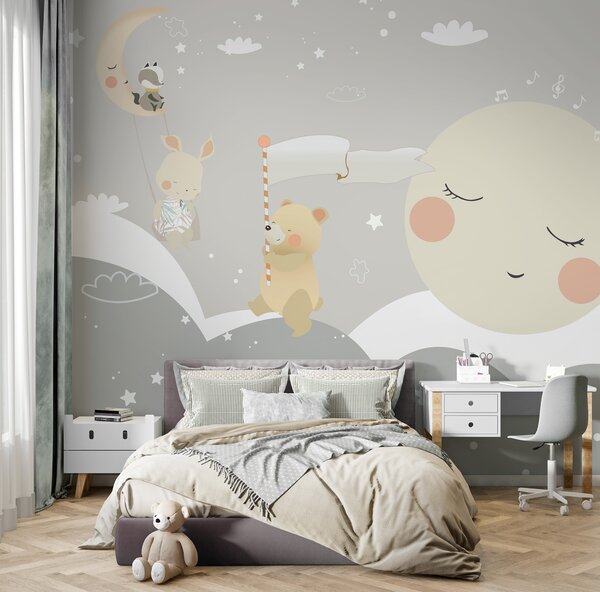 Carta da parati Un cartone animato con una luna e un orso, Carta da parati per Bambini, Carta da parati popolare, u97462 - Tapeko.it