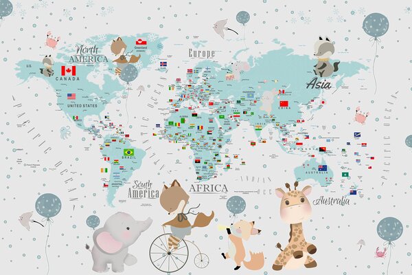 Carta da parati Una mappa del mondo con gli animali, Carta da parati per Bambini, Carta da parati popolare, u99228 - Tapeko.it
