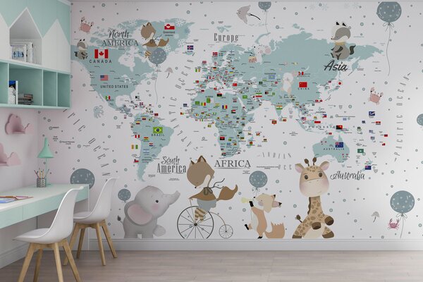 Carta da parati Una mappa del mondo con gli animali, Carta da parati per Bambini, Carta da parati popolare, u99228 - Tapeko.it