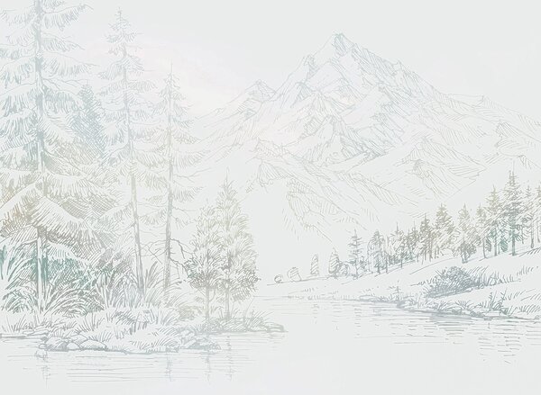 Carta da parati Un fiume con alberi e montagne sullo sfondo, Carta da parati Natura, Carta da parati popolare, u99569 - Tapeko.it