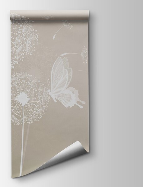 Carta da parati Un dente di leone bianco con farfalle in volo, Carta da parati Natura, Carta da parati popolare, u99597 - Tapeko.it