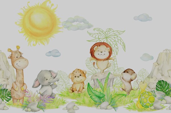 Carta da parati Un gruppo di animali in un giardino, Carta da parati Bebè per neonati, Carta da parati popolare, u99486 - Tapeko.it